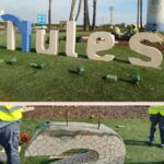 LOS ALUMNOS DE ALBAÑILERÍA REINSTALAN LAS LETRAS DE NULES EN LA ROTONDA DE ACCESO AL MUNICIPIO
